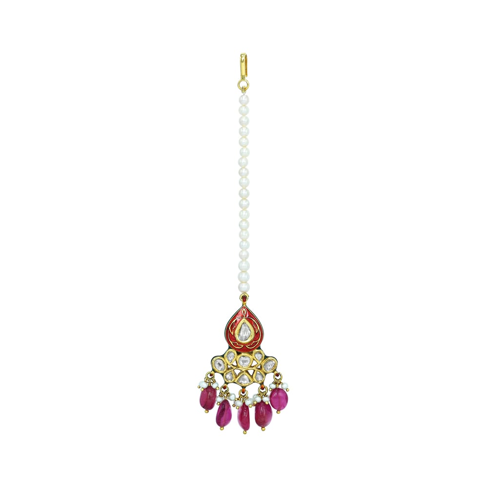 Teardrop Red Enamel Mangtikka with Polki and Tourmaline Drops